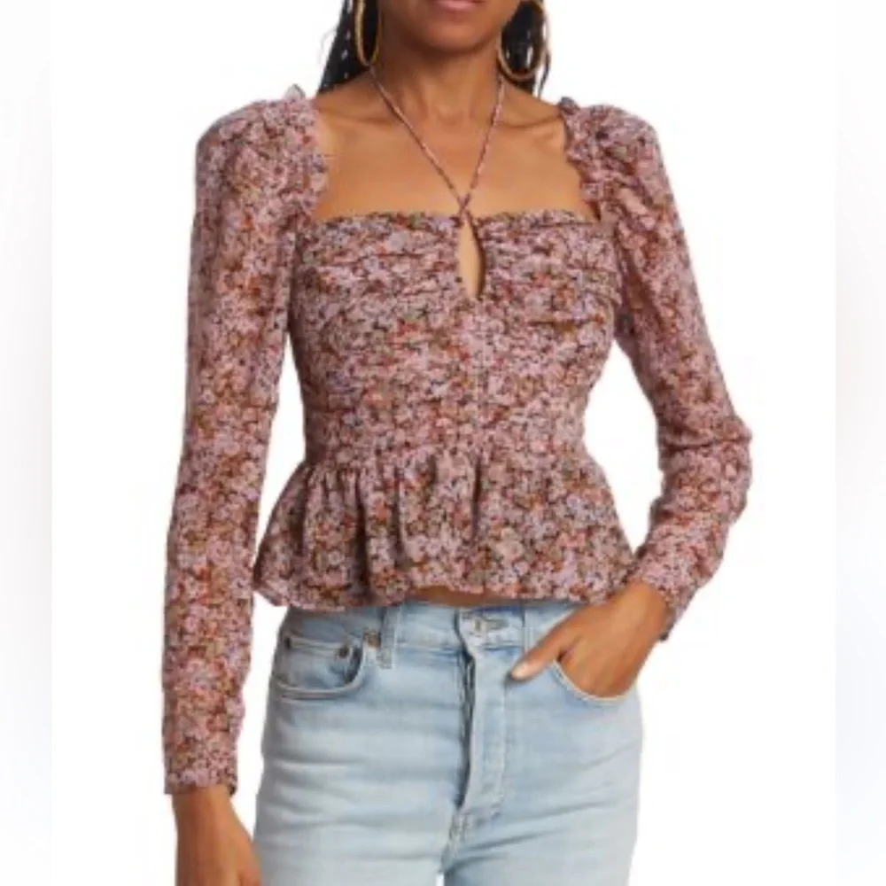 Astr Pink Puff Sleeve Smocked Blouse. C7